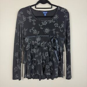 Limited Too Y2K Top Tier Women Small Bow Black Silver Long Sleeve Floral Glitter